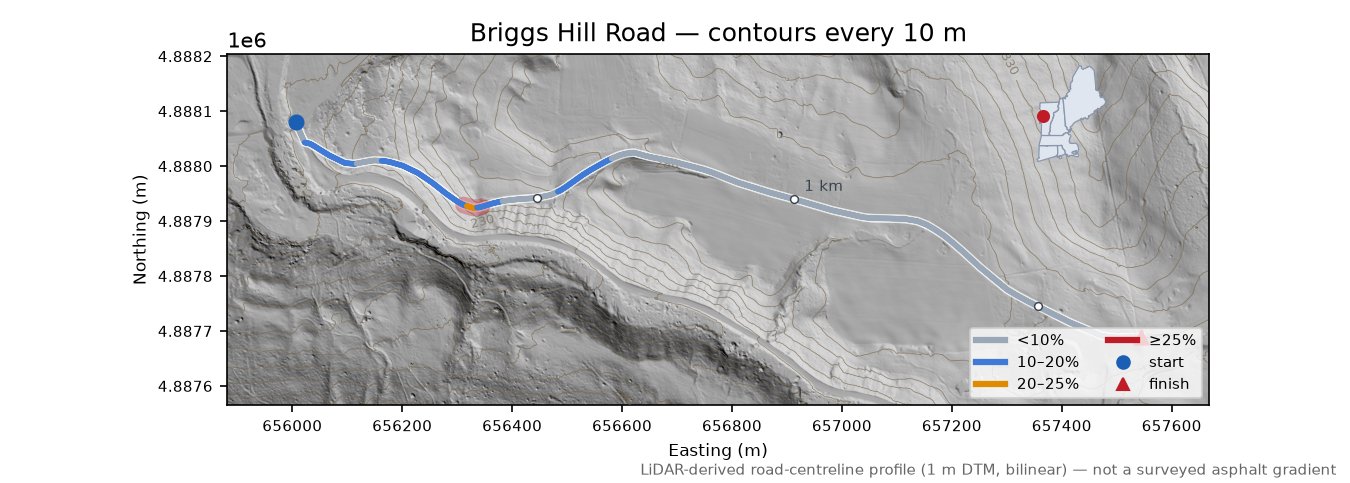 Briggs Hill Road LiDAR hillshade map with contours