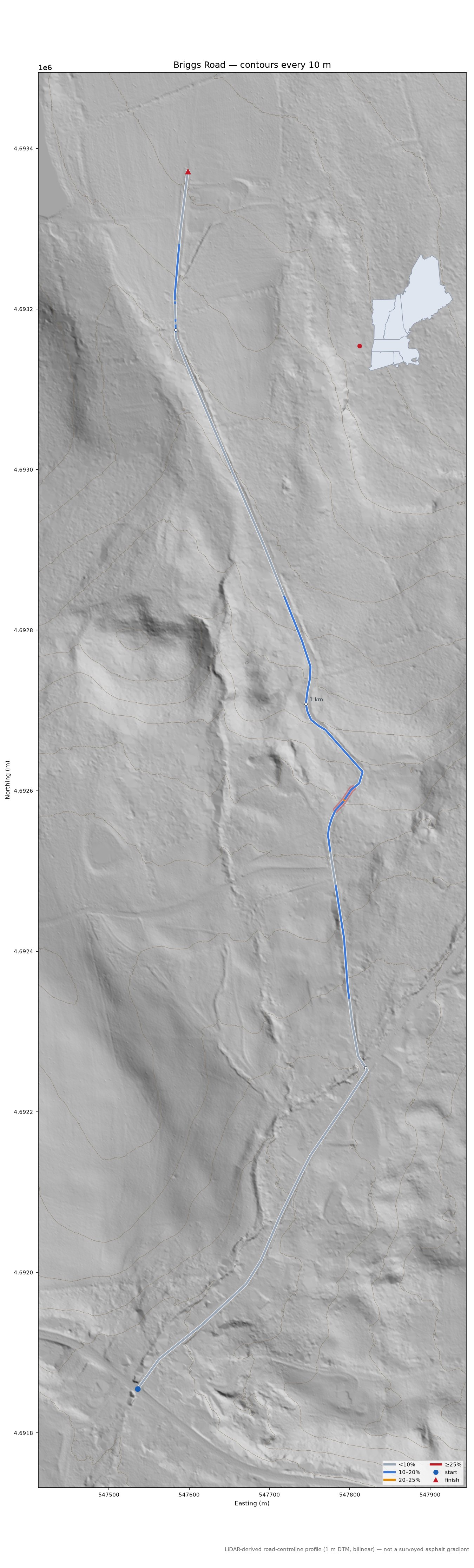 Briggs Road LiDAR hillshade map with contours