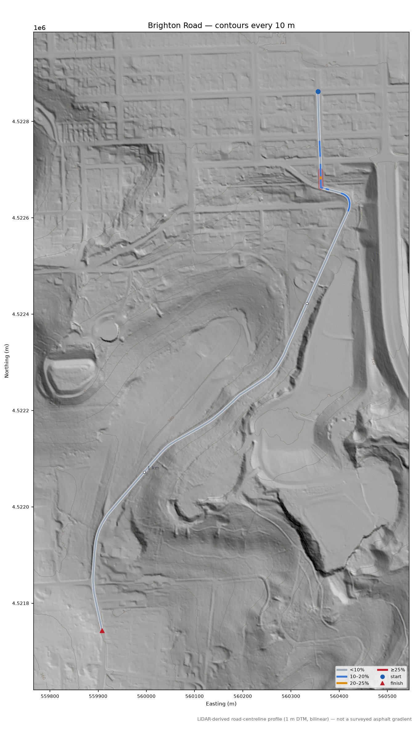 Brighton Road LiDAR hillshade map with contours
