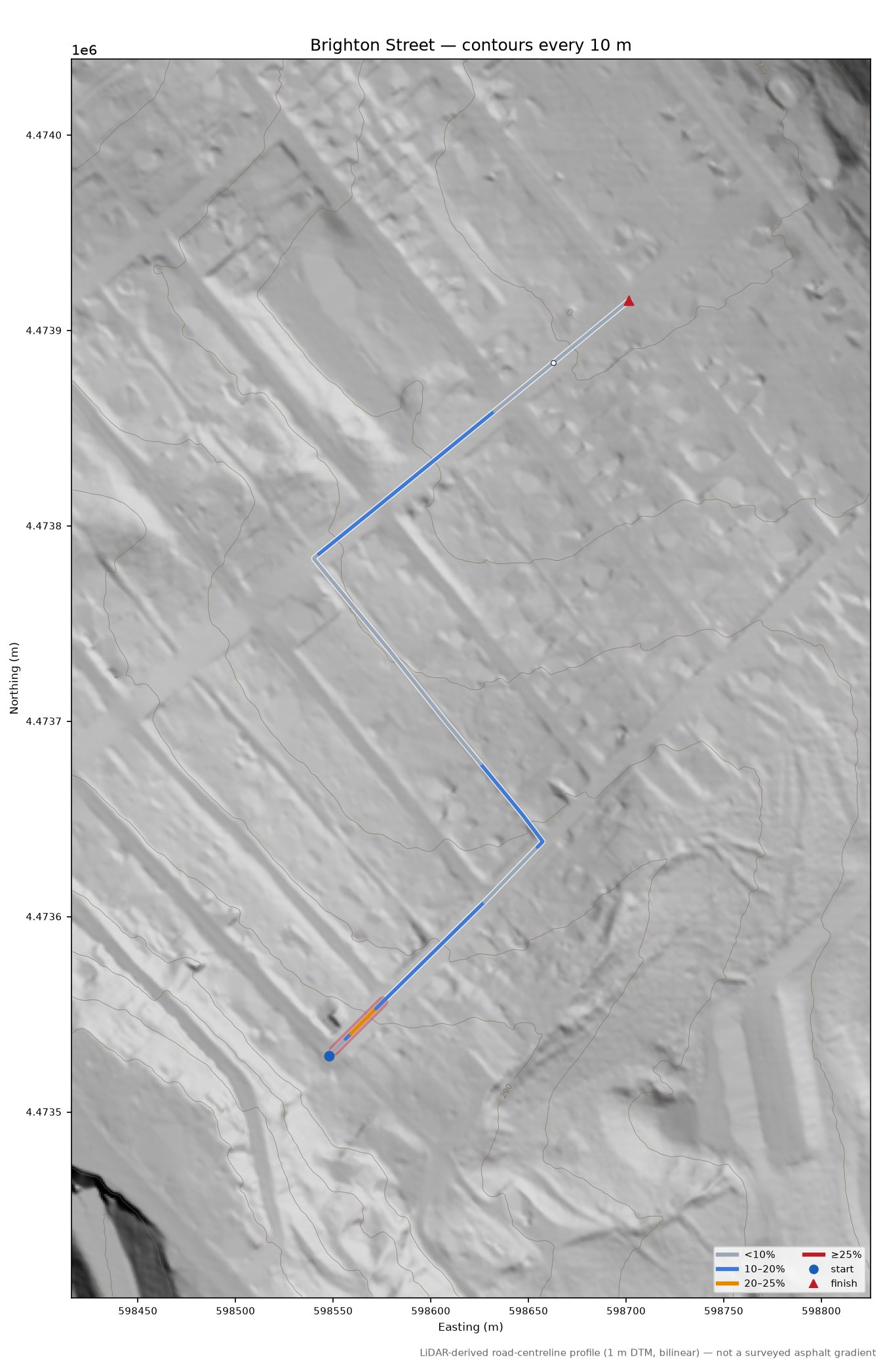 Brighton Street LiDAR hillshade map with contours