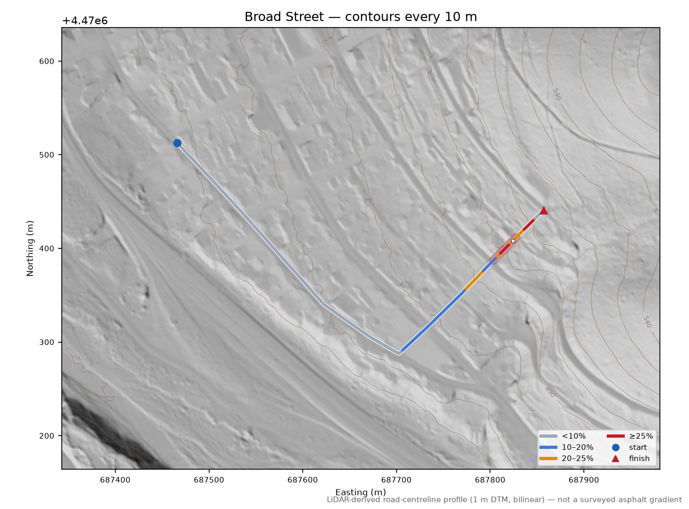 Broad Street LiDAR hillshade map with contours