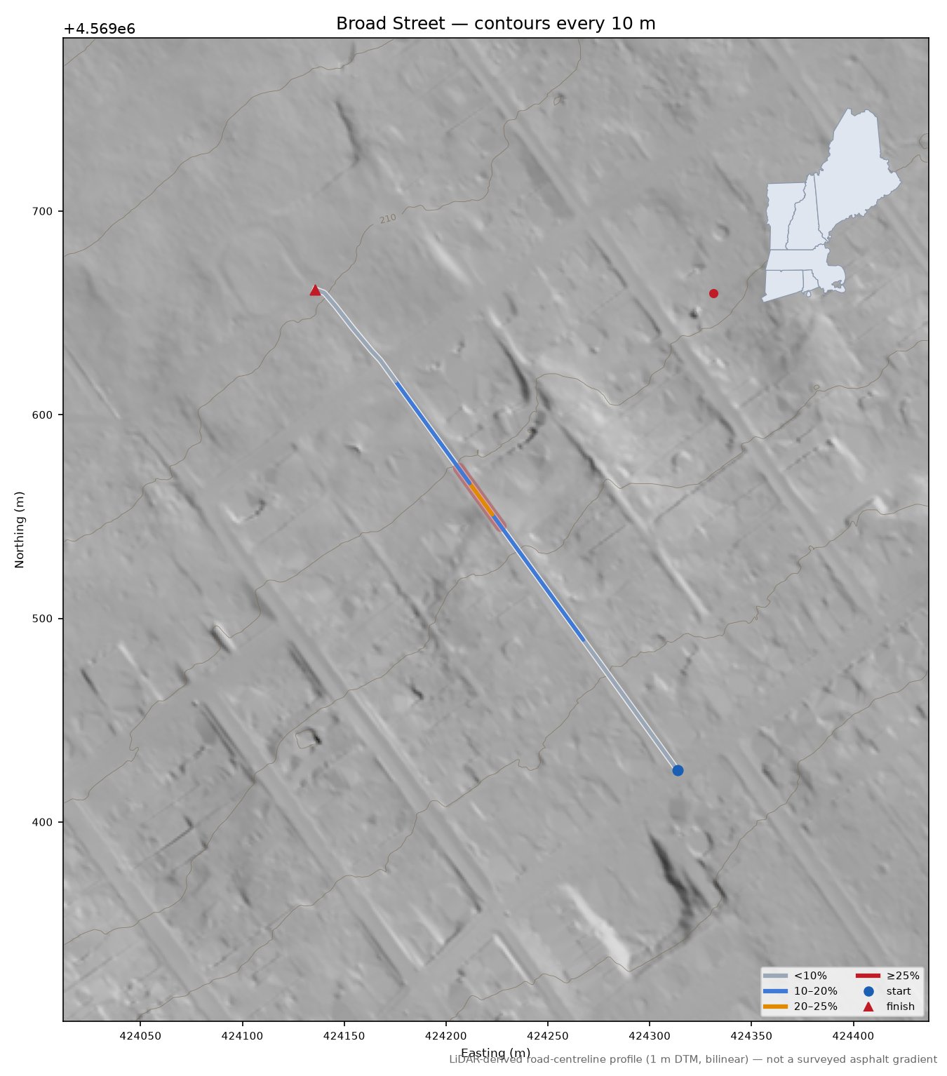 Broad Street LiDAR hillshade map with contours