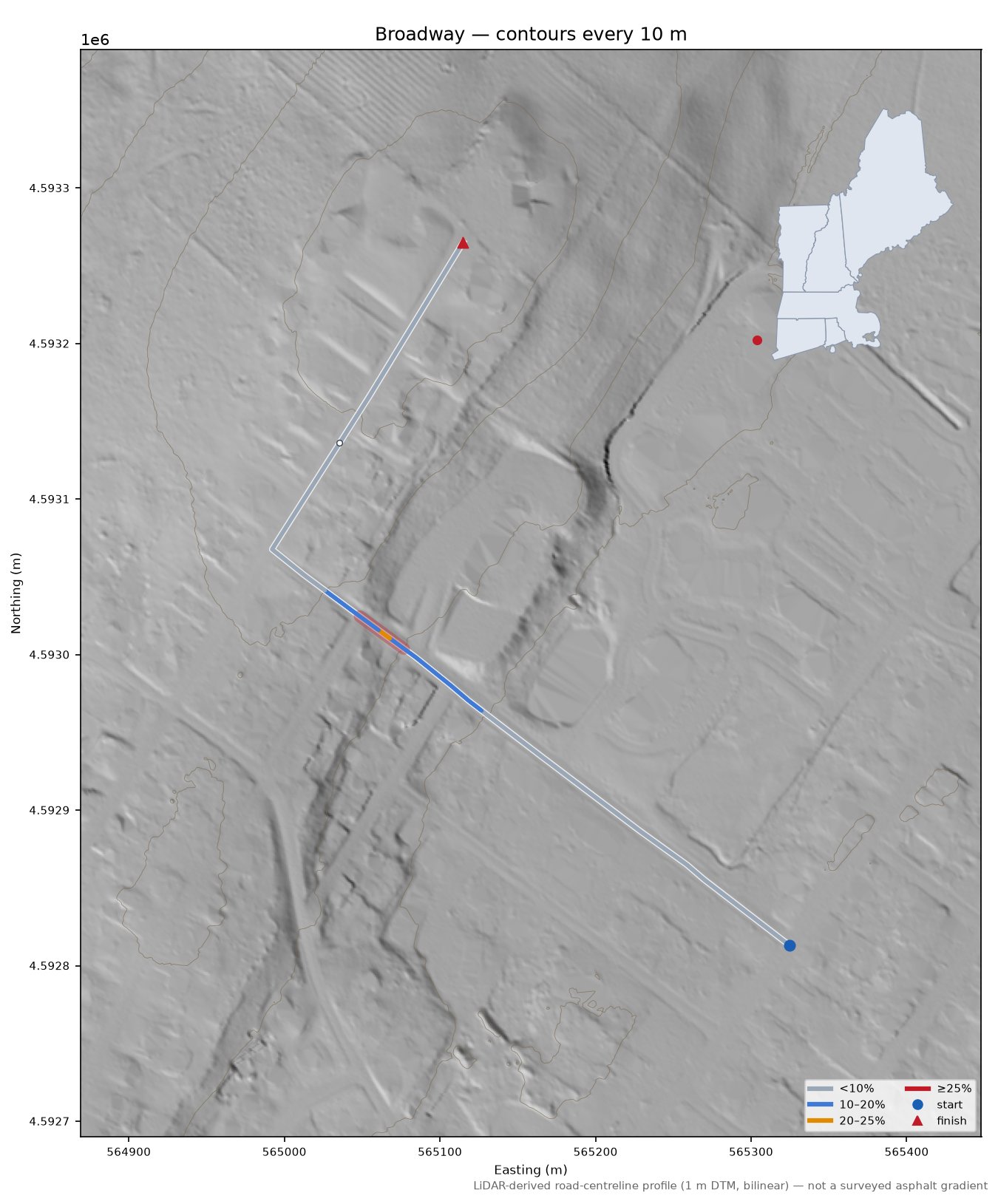 Broadway LiDAR hillshade map with contours