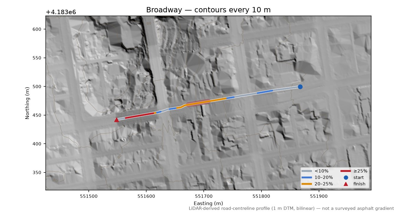 Broadway LiDAR hillshade map with contours