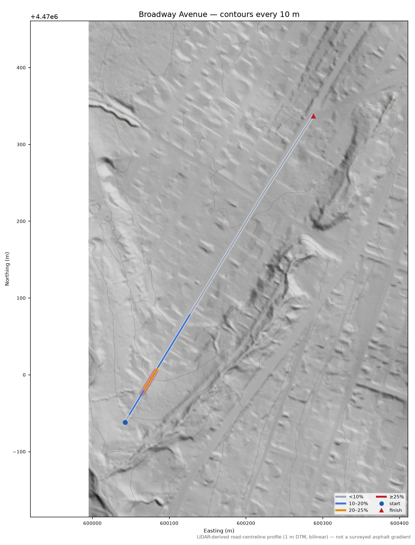 Broadway Avenue LiDAR hillshade map with contours