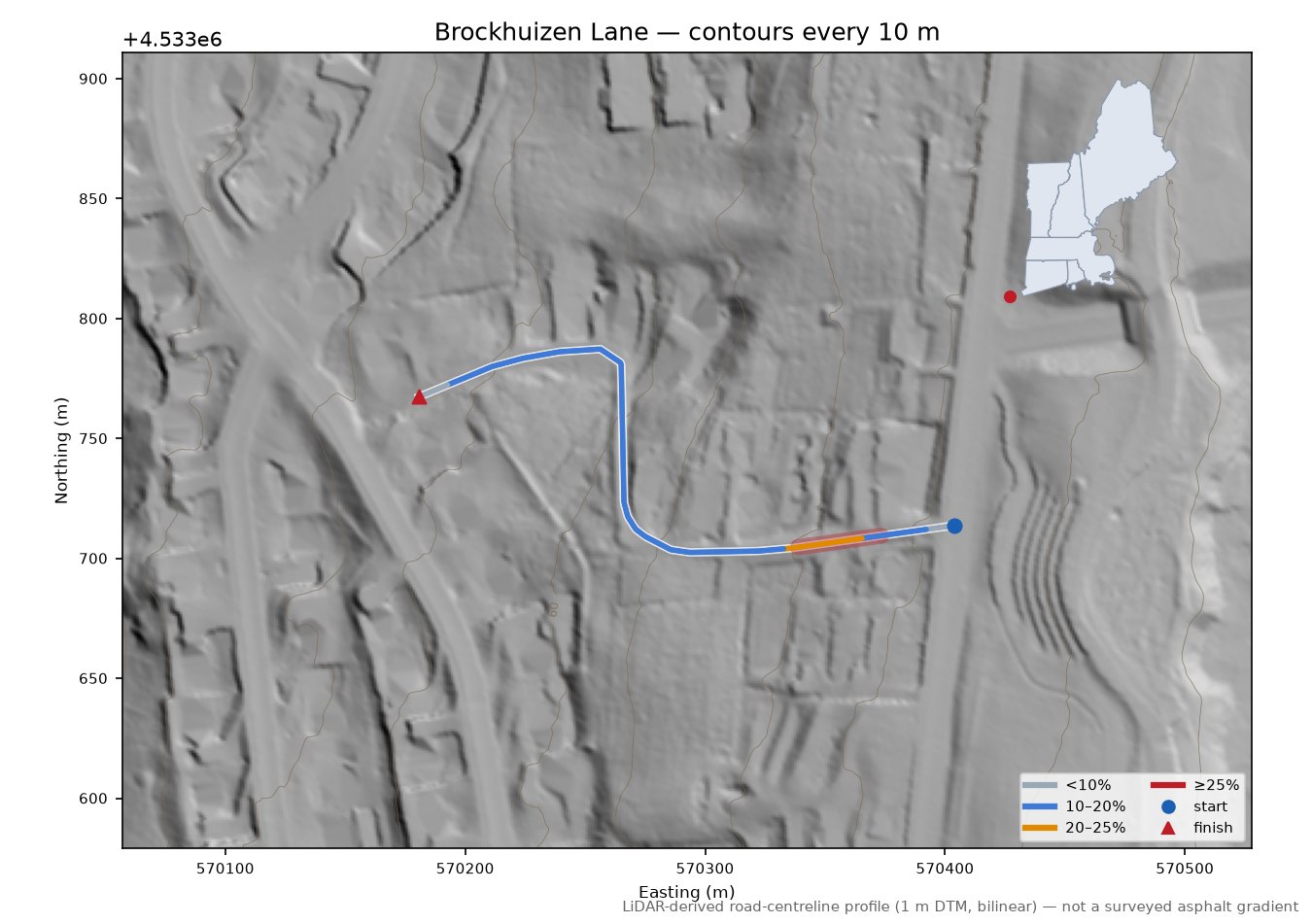 Brockhuizen Lane LiDAR hillshade map with contours