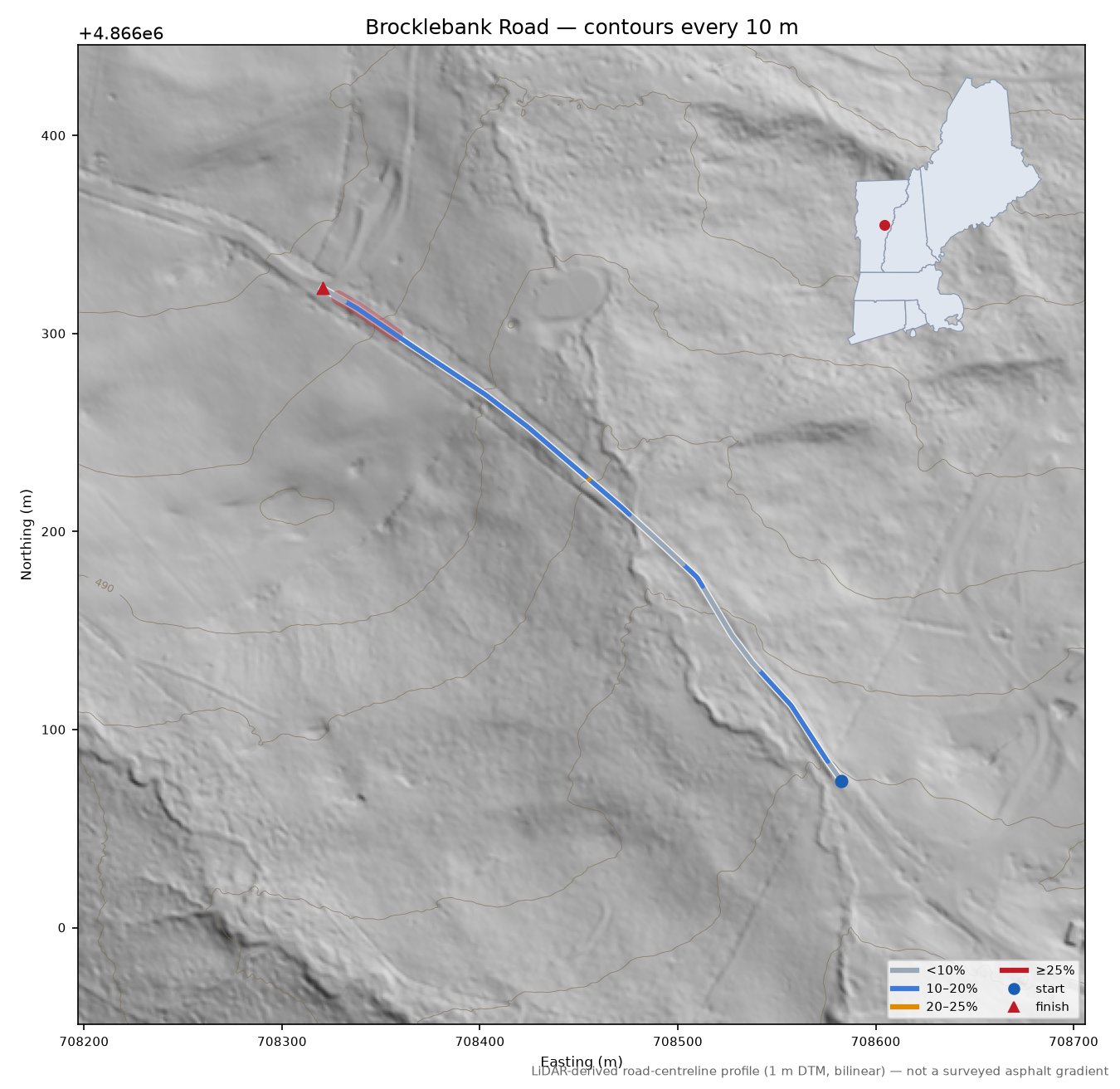 Brocklebank Road LiDAR hillshade map with contours