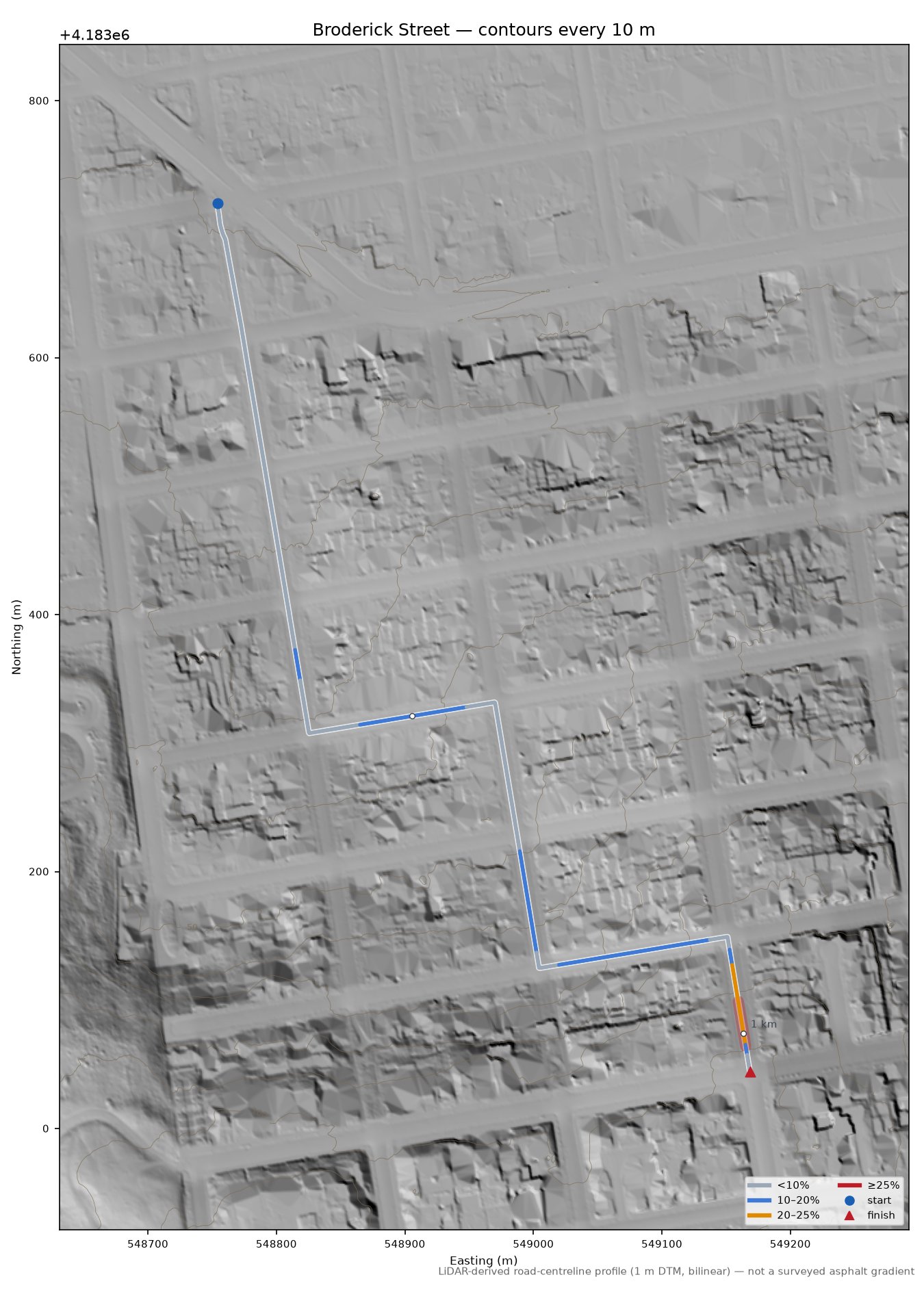 Broderick Street LiDAR hillshade map with contours