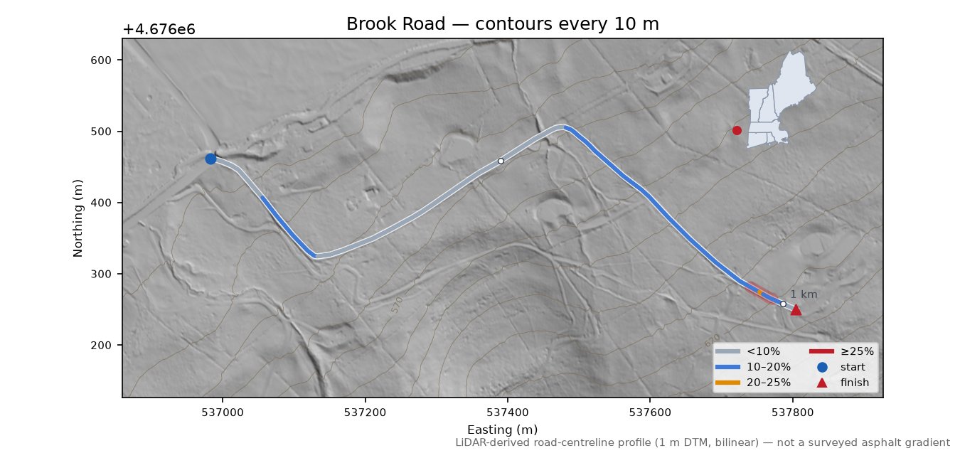 Brook Road LiDAR hillshade map with contours