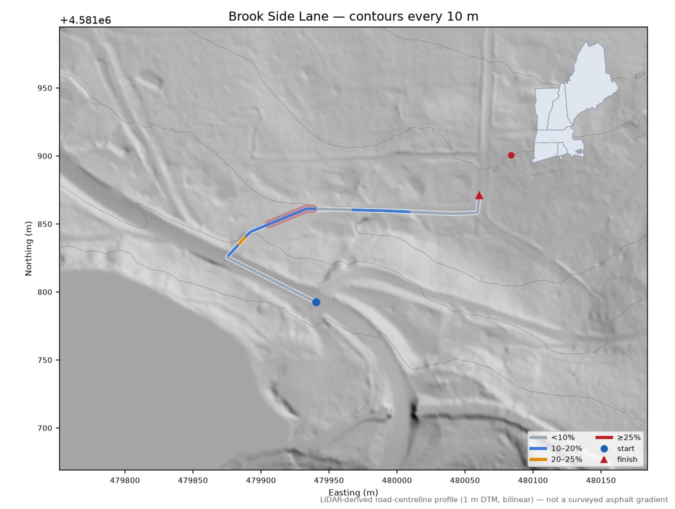 Brook Side Lane LiDAR hillshade map with contours