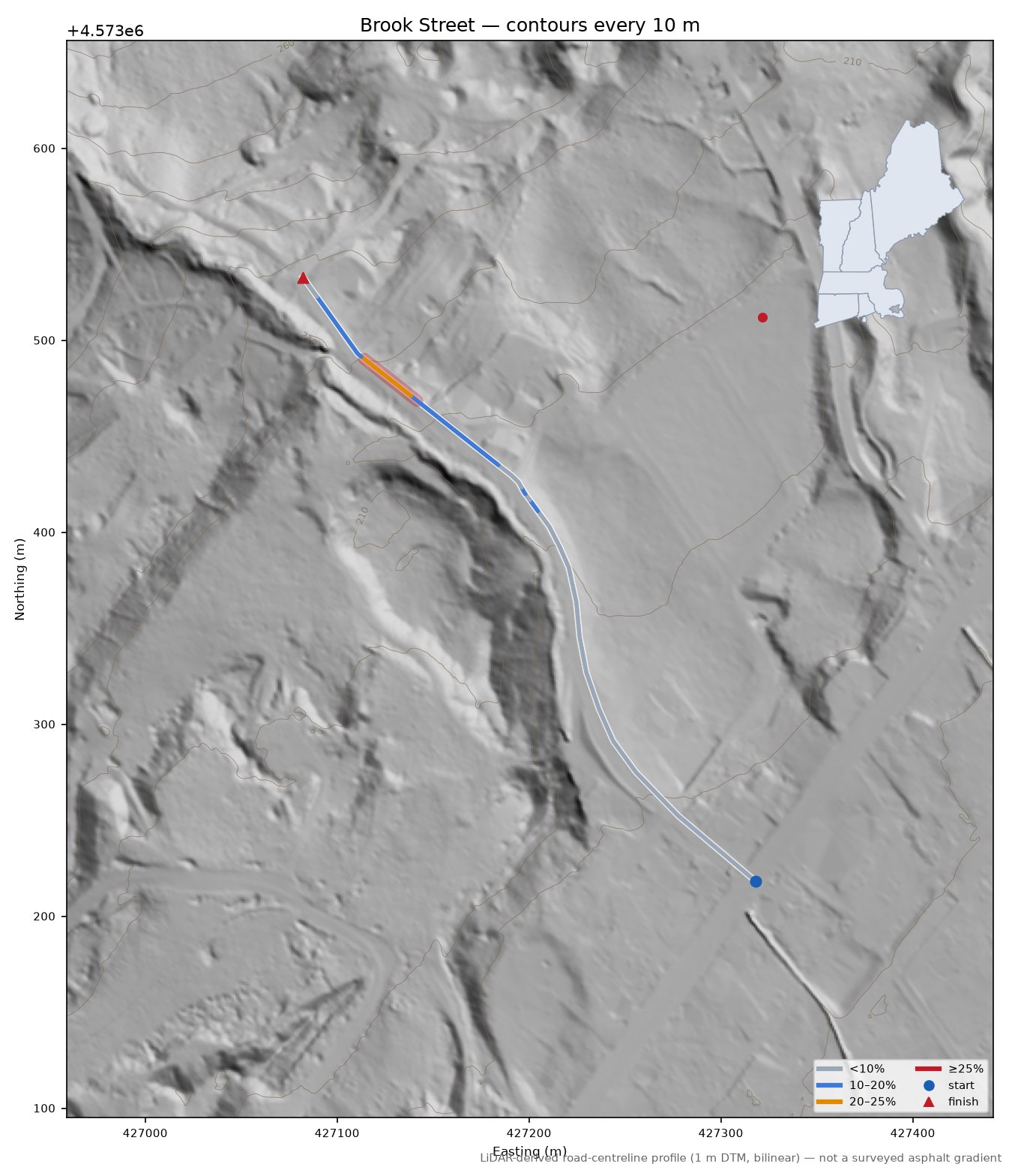 Brook Street LiDAR hillshade map with contours