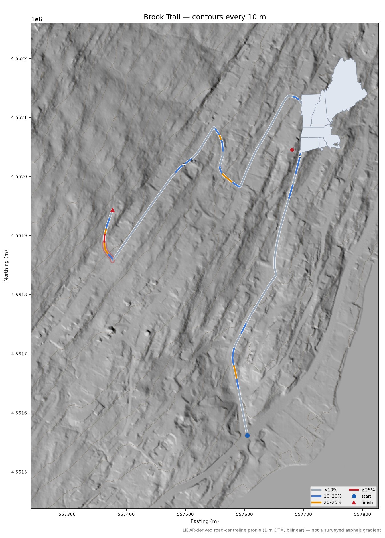Brook Trail LiDAR hillshade map with contours