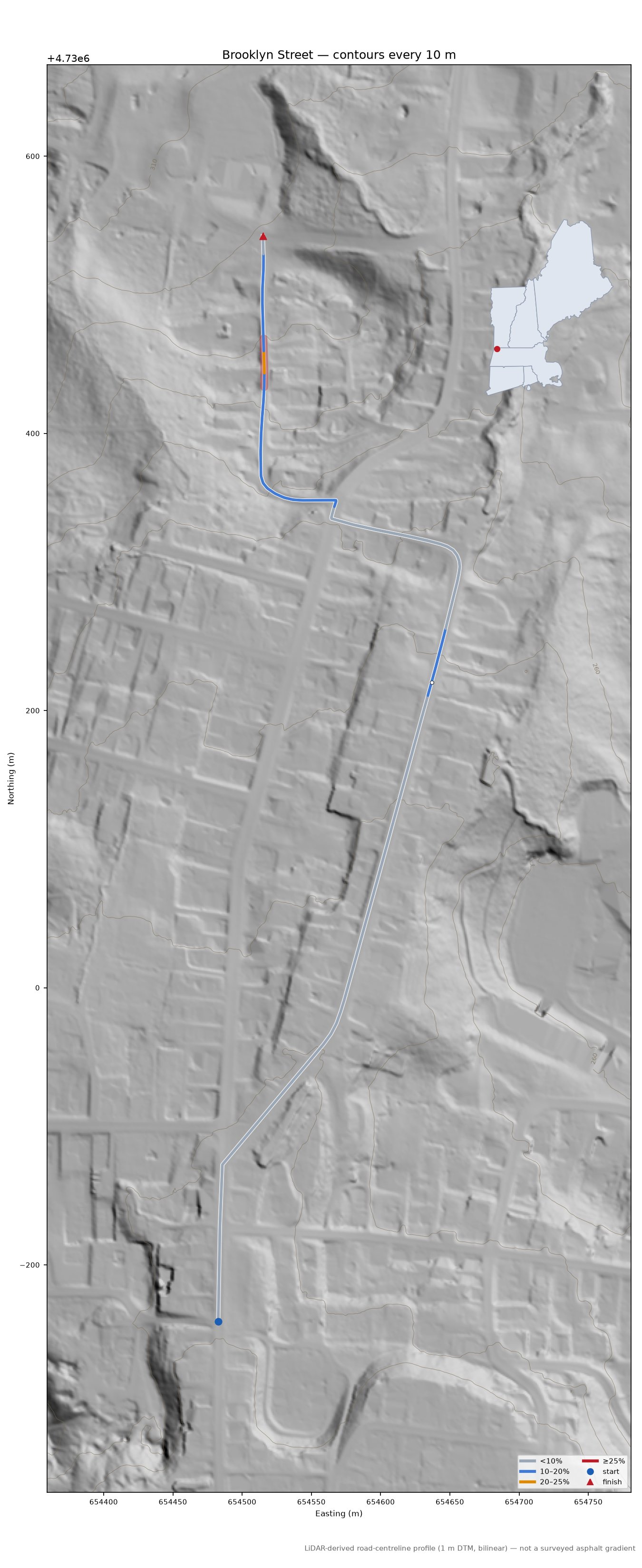 Brooklyn Street LiDAR hillshade map with contours