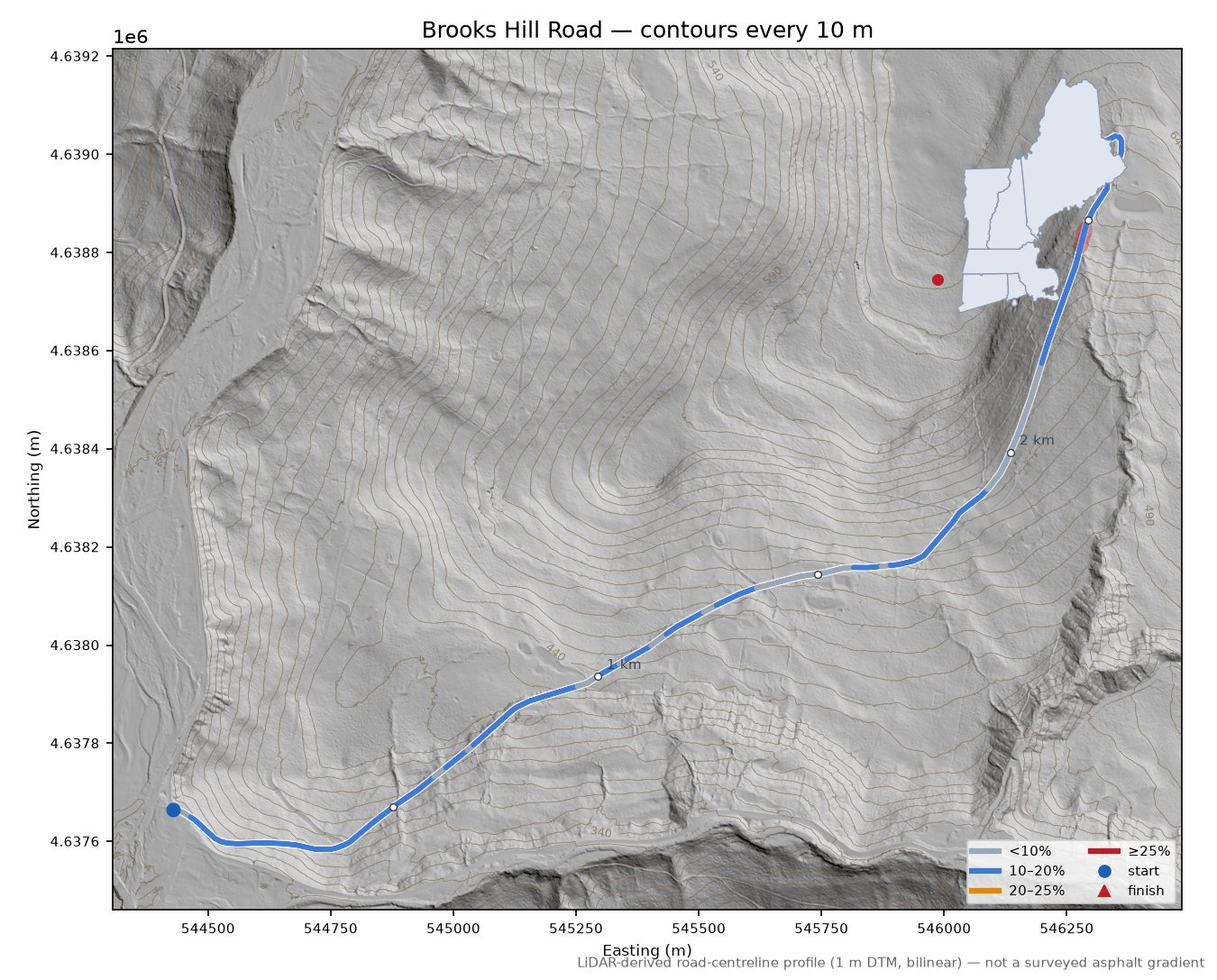 Brooks Hill Road LiDAR hillshade map with contours