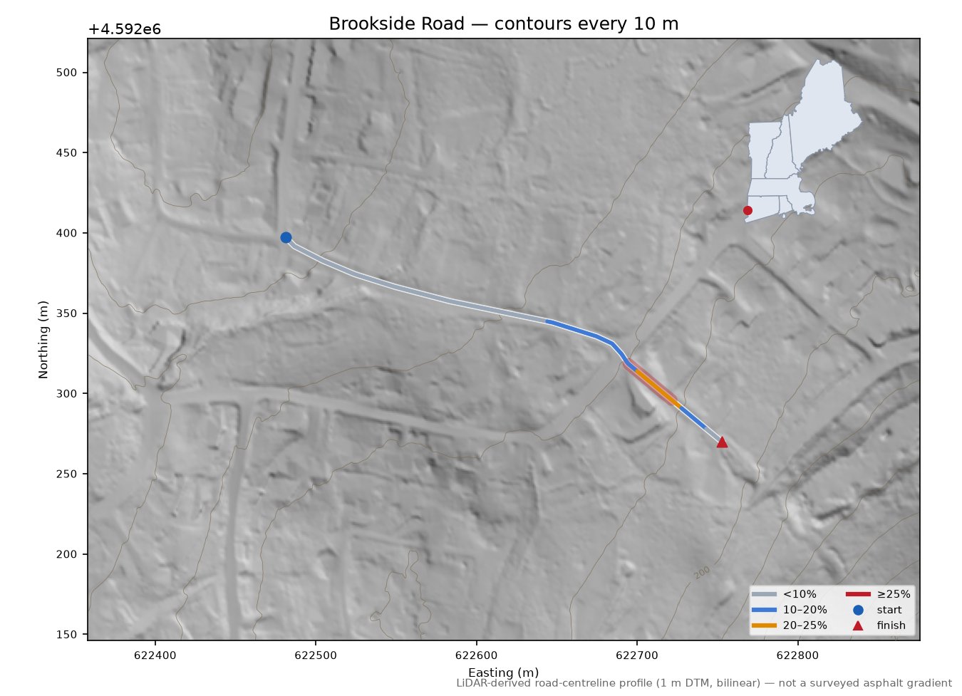 Brookside Road LiDAR hillshade map with contours