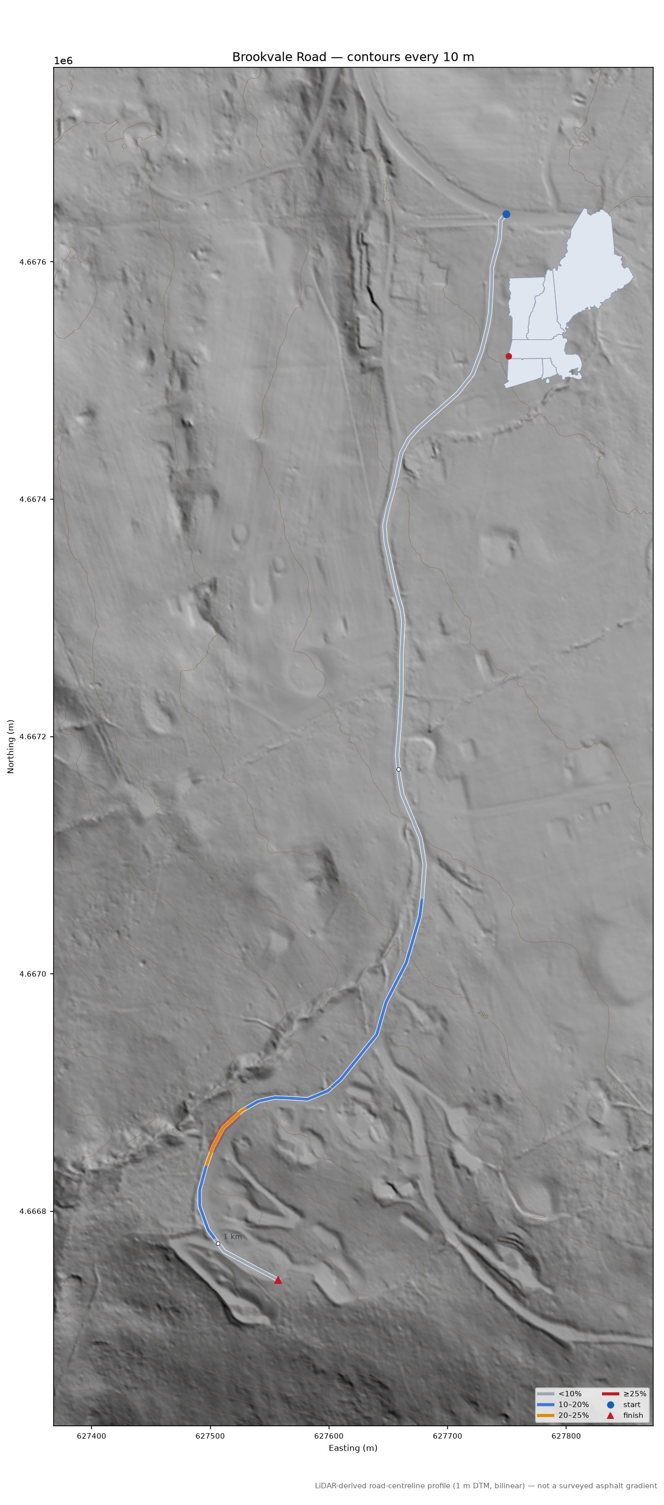 Brookvale Road LiDAR hillshade map with contours
