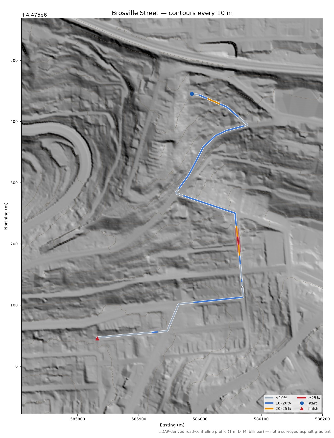 Brosville Street LiDAR hillshade map with contours