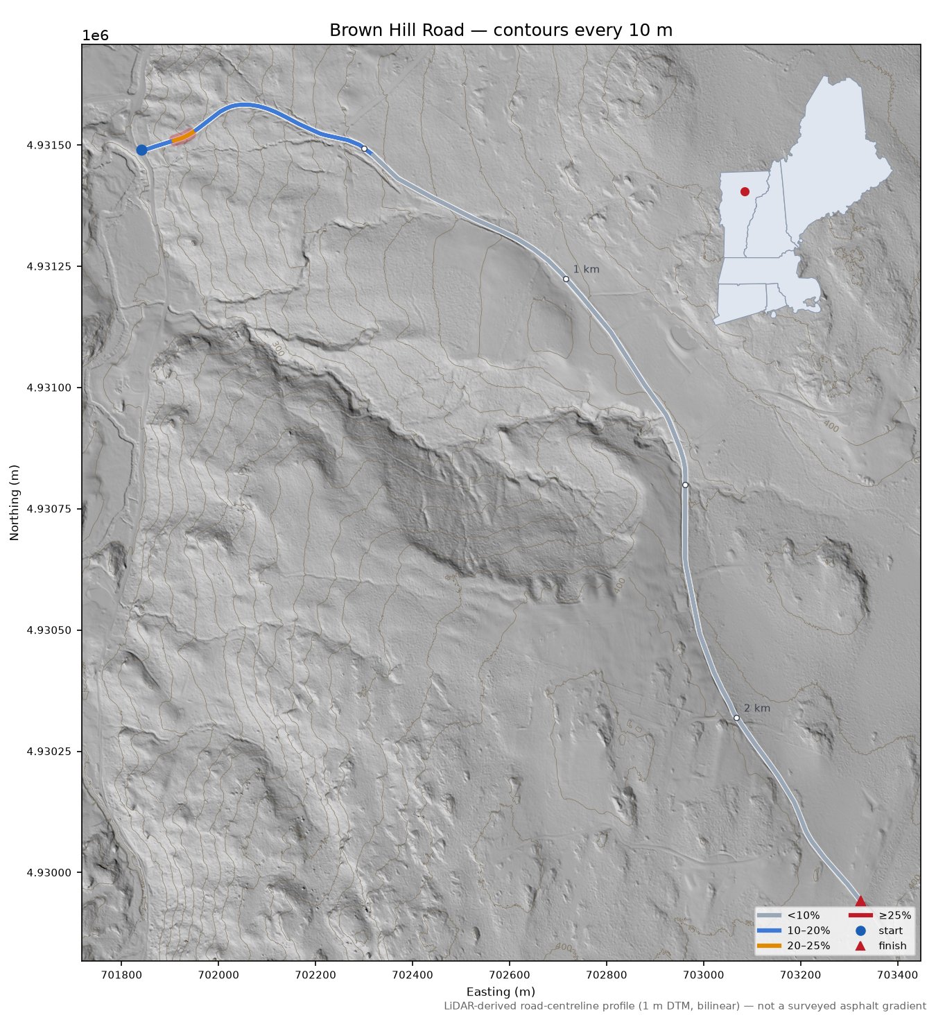 Brown Hill Road LiDAR hillshade map with contours