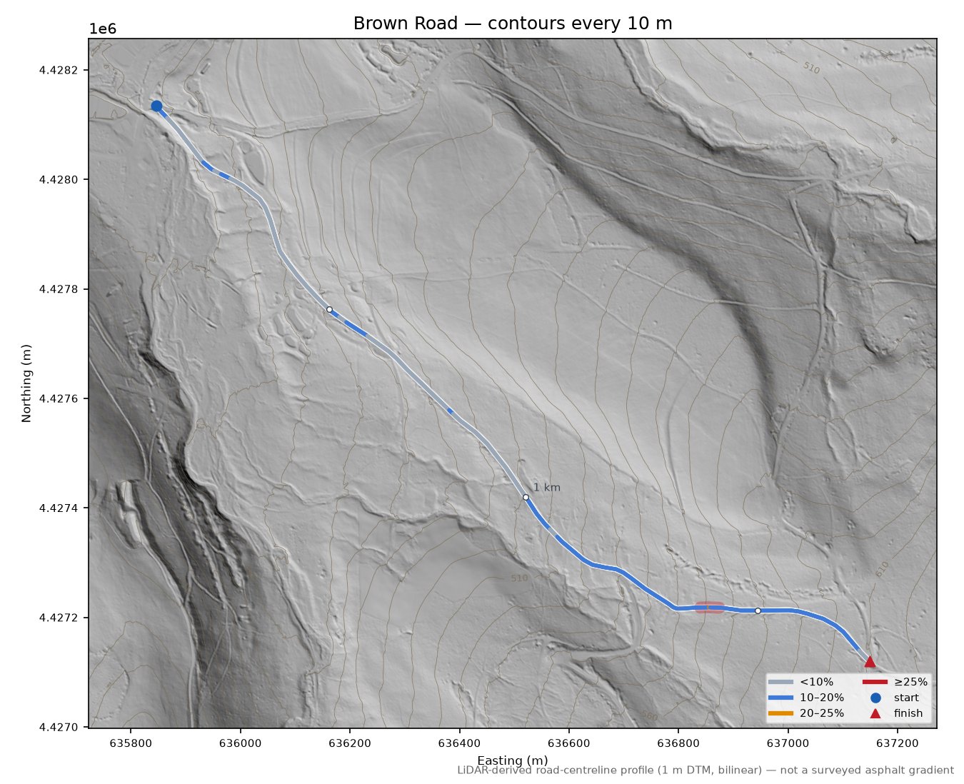 Brown Road LiDAR hillshade map with contours