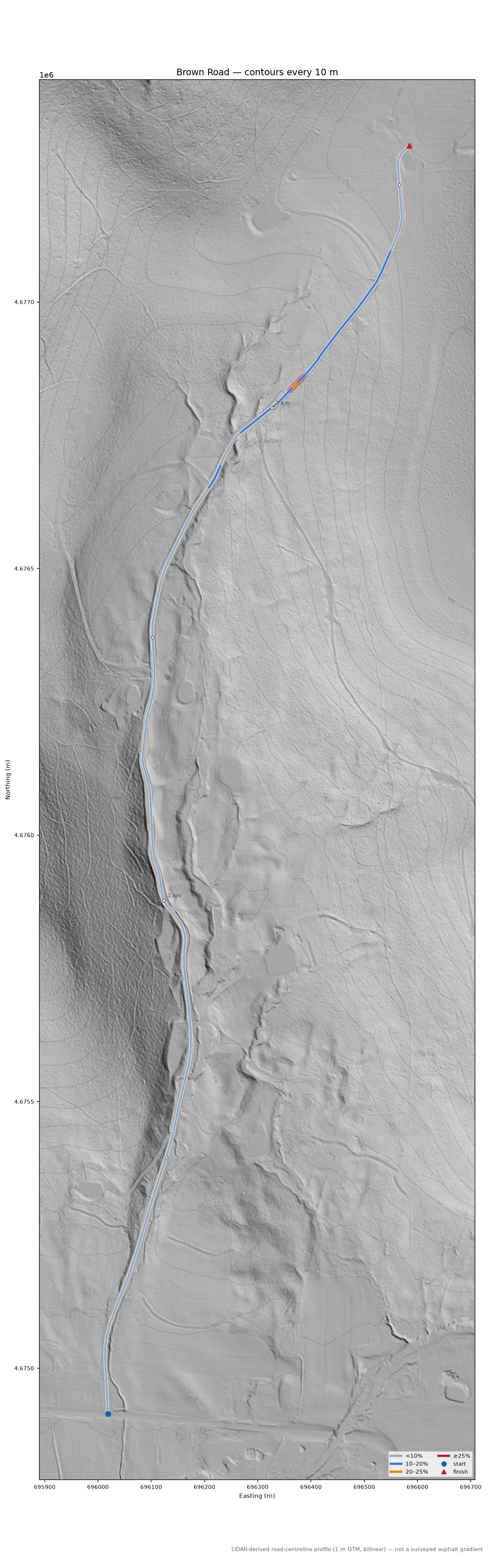 Brown Road LiDAR hillshade map with contours