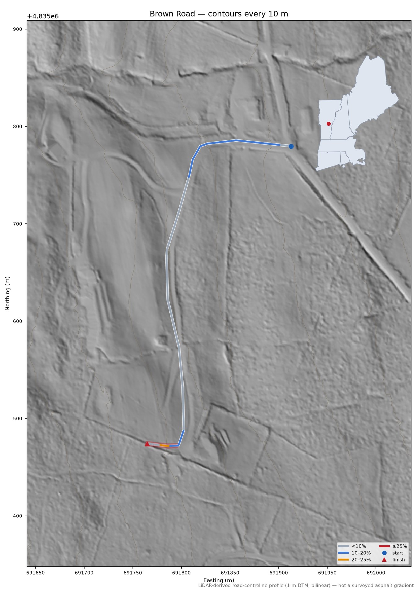Brown Road LiDAR hillshade map with contours