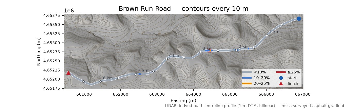 Brown Run Road LiDAR hillshade map with contours