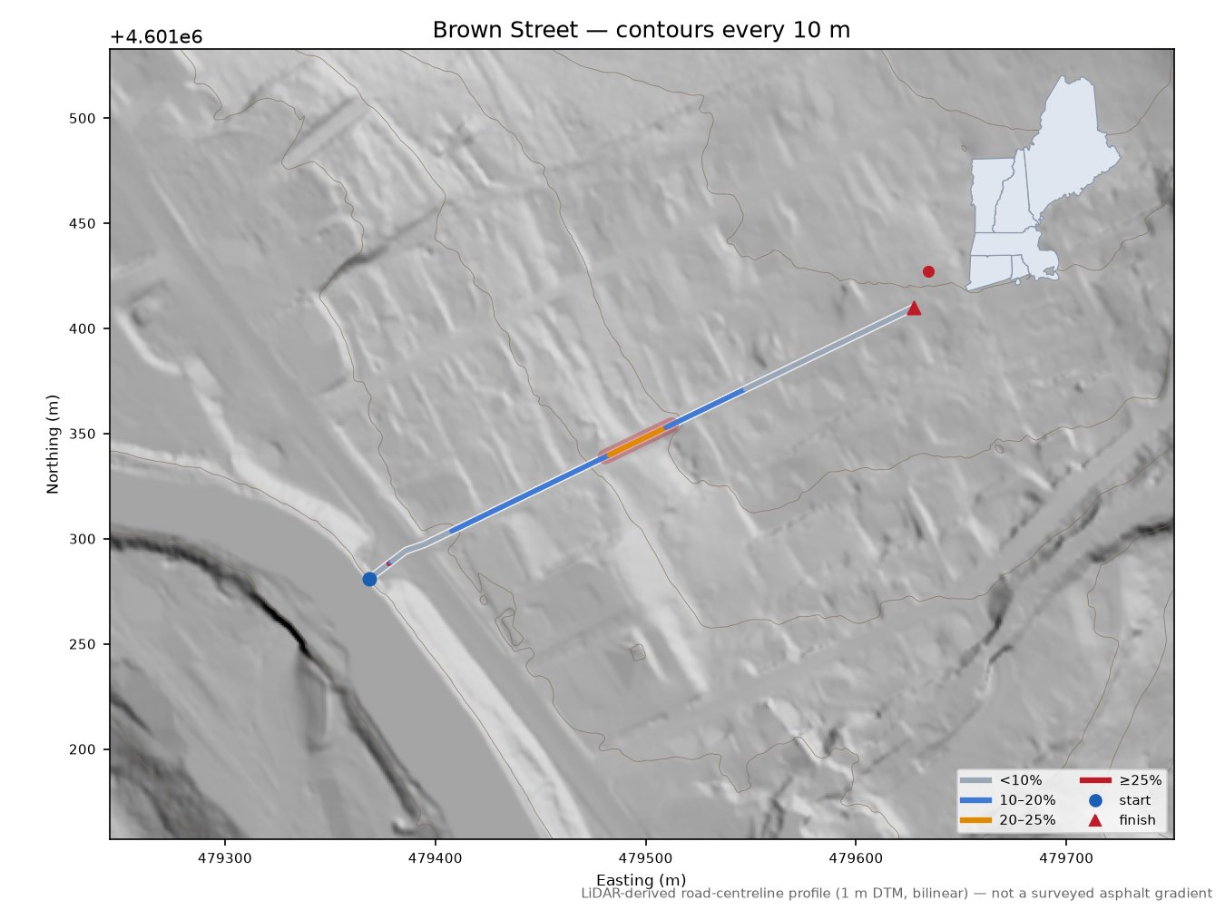 Brown Street LiDAR hillshade map with contours