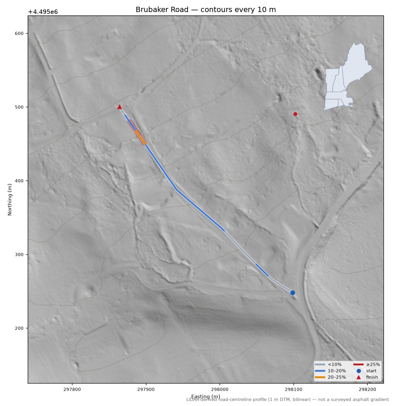 Brubaker Road LiDAR hillshade map with contours