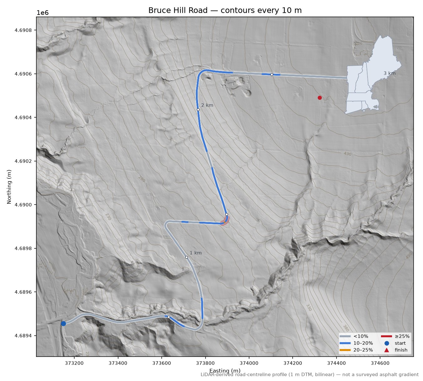 Bruce Hill Road LiDAR hillshade map with contours