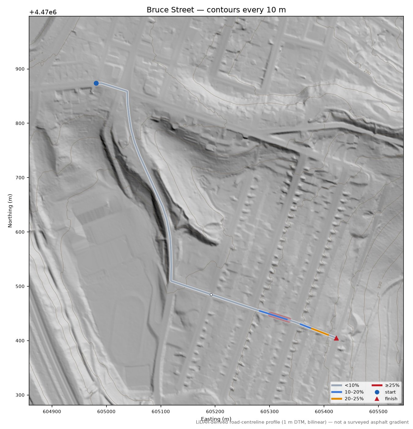 Bruce Street LiDAR hillshade map with contours
