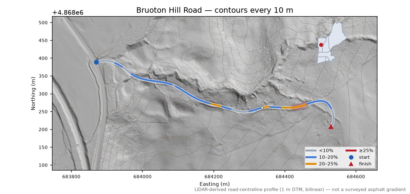 Bruoton Hill Road LiDAR hillshade map with contours