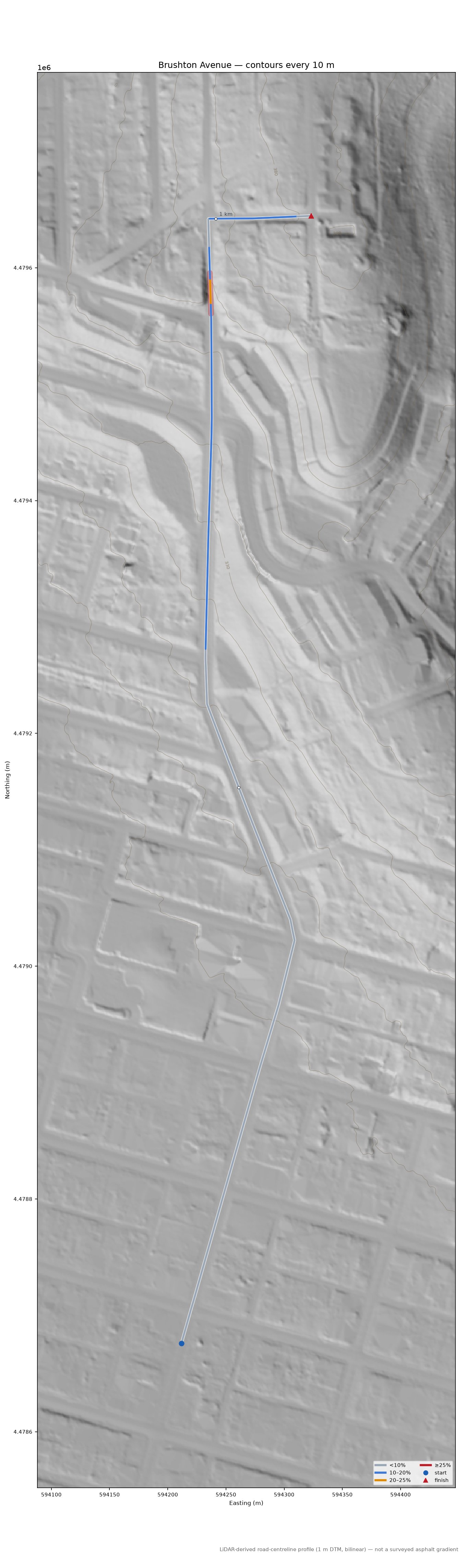 Brushton Avenue LiDAR hillshade map with contours