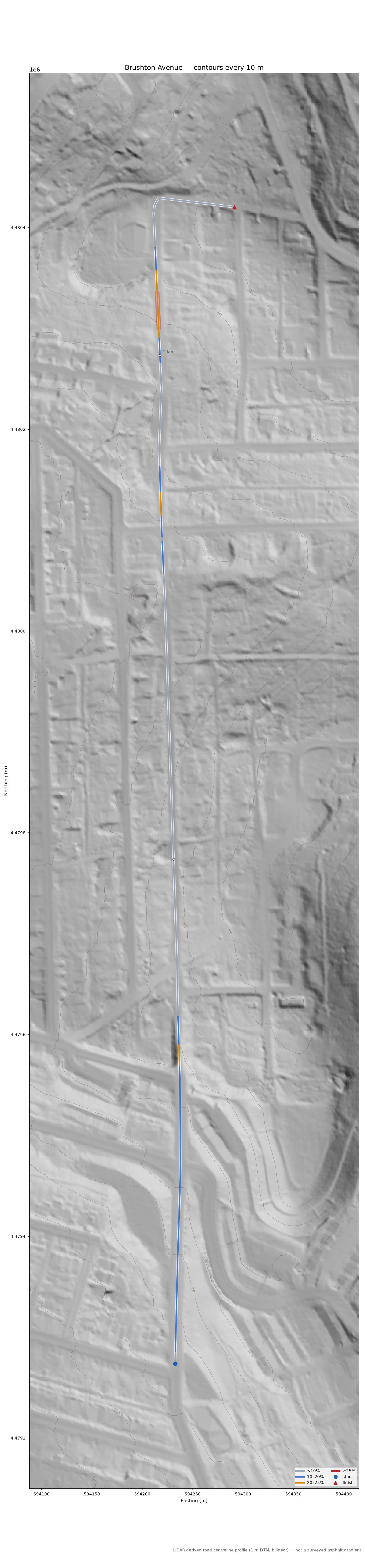 Brushton Avenue LiDAR hillshade map with contours