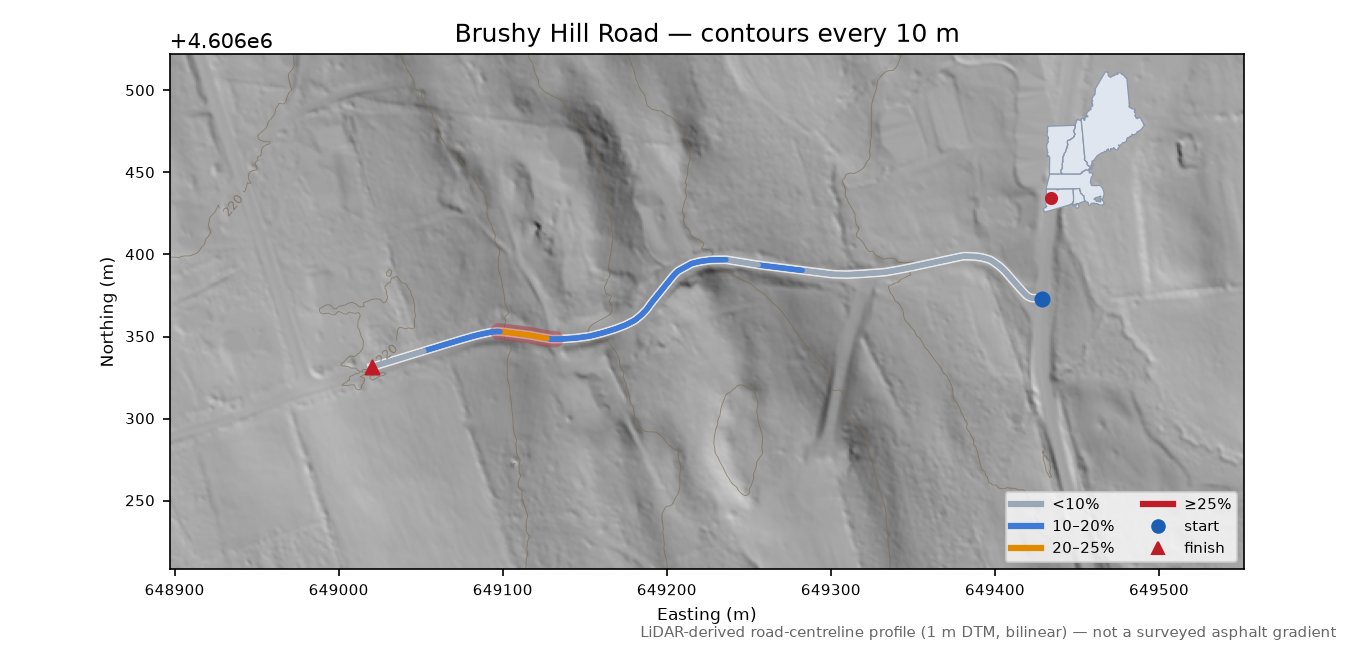 Brushy Hill Road LiDAR hillshade map with contours