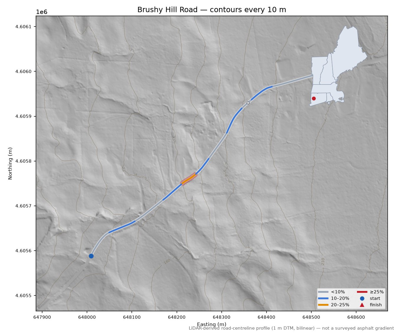 Brushy Hill Road LiDAR hillshade map with contours