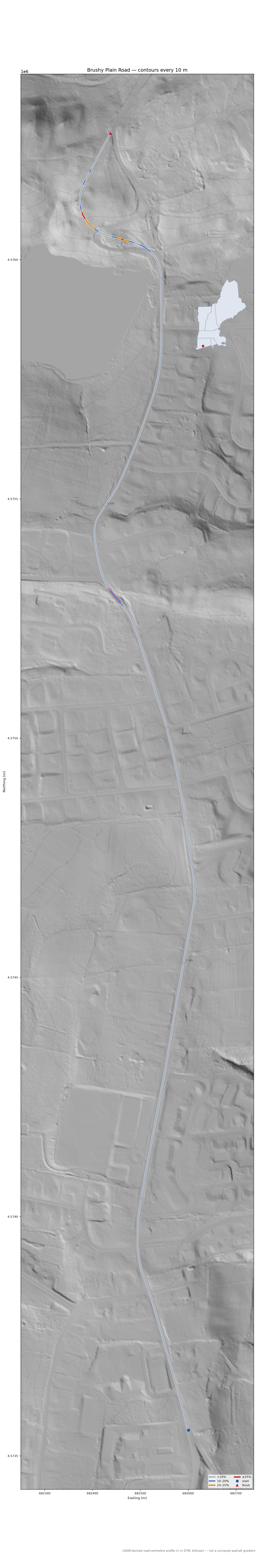 Brushy Plain Road LiDAR hillshade map with contours