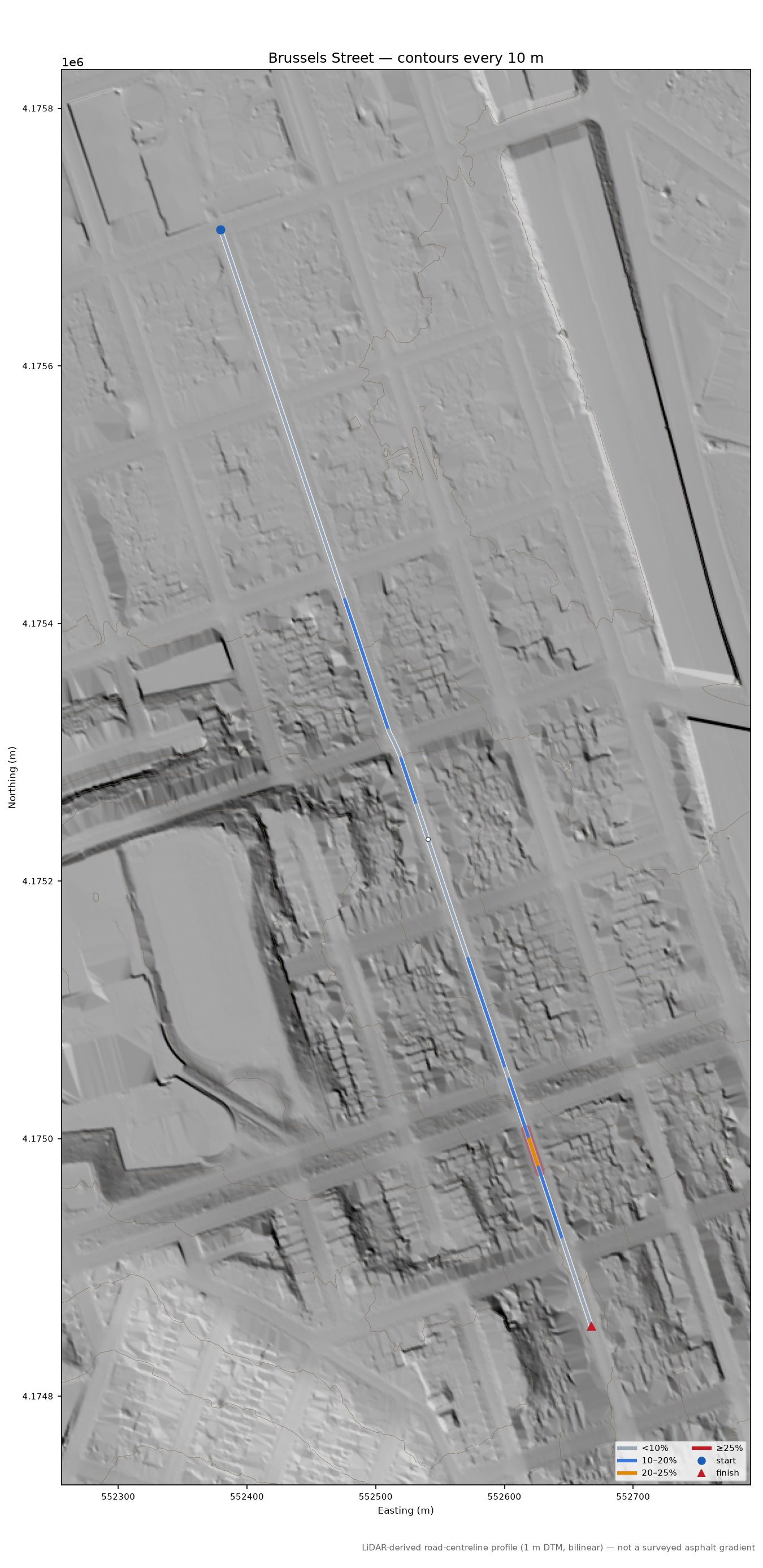 Brussels Street LiDAR hillshade map with contours