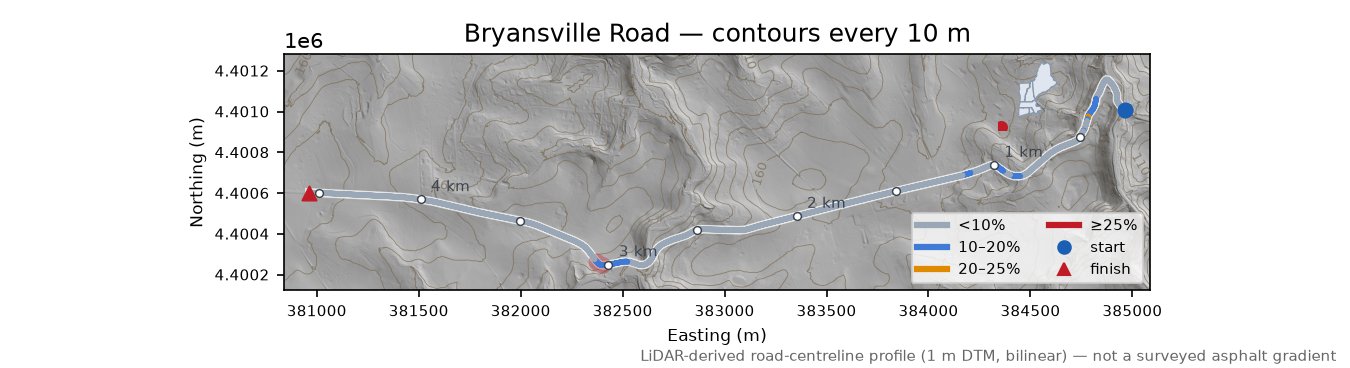 Bryansville Road LiDAR hillshade map with contours