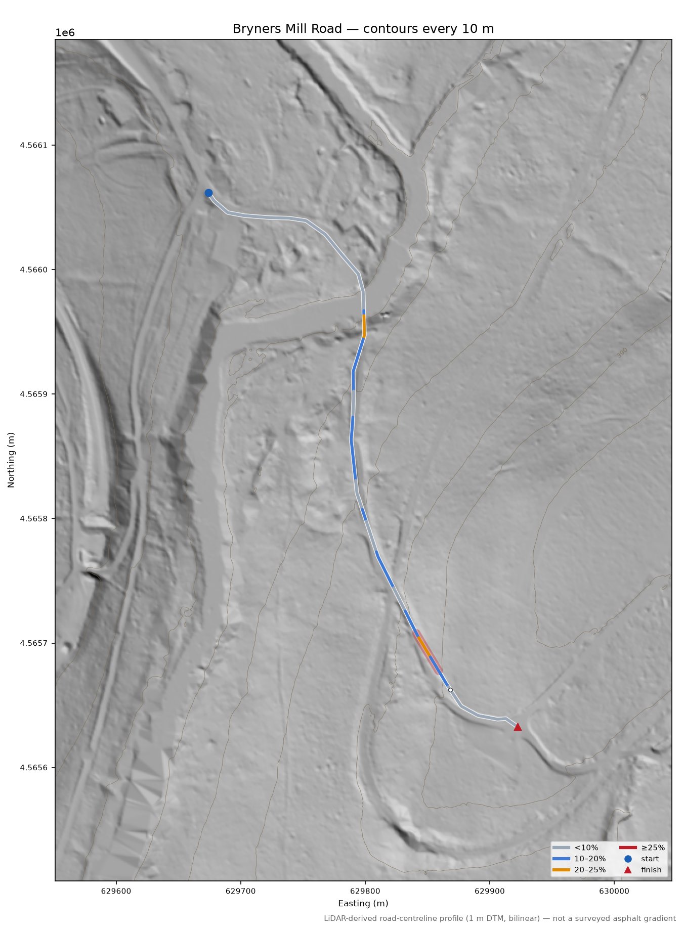 Bryners Mill Road LiDAR hillshade map with contours