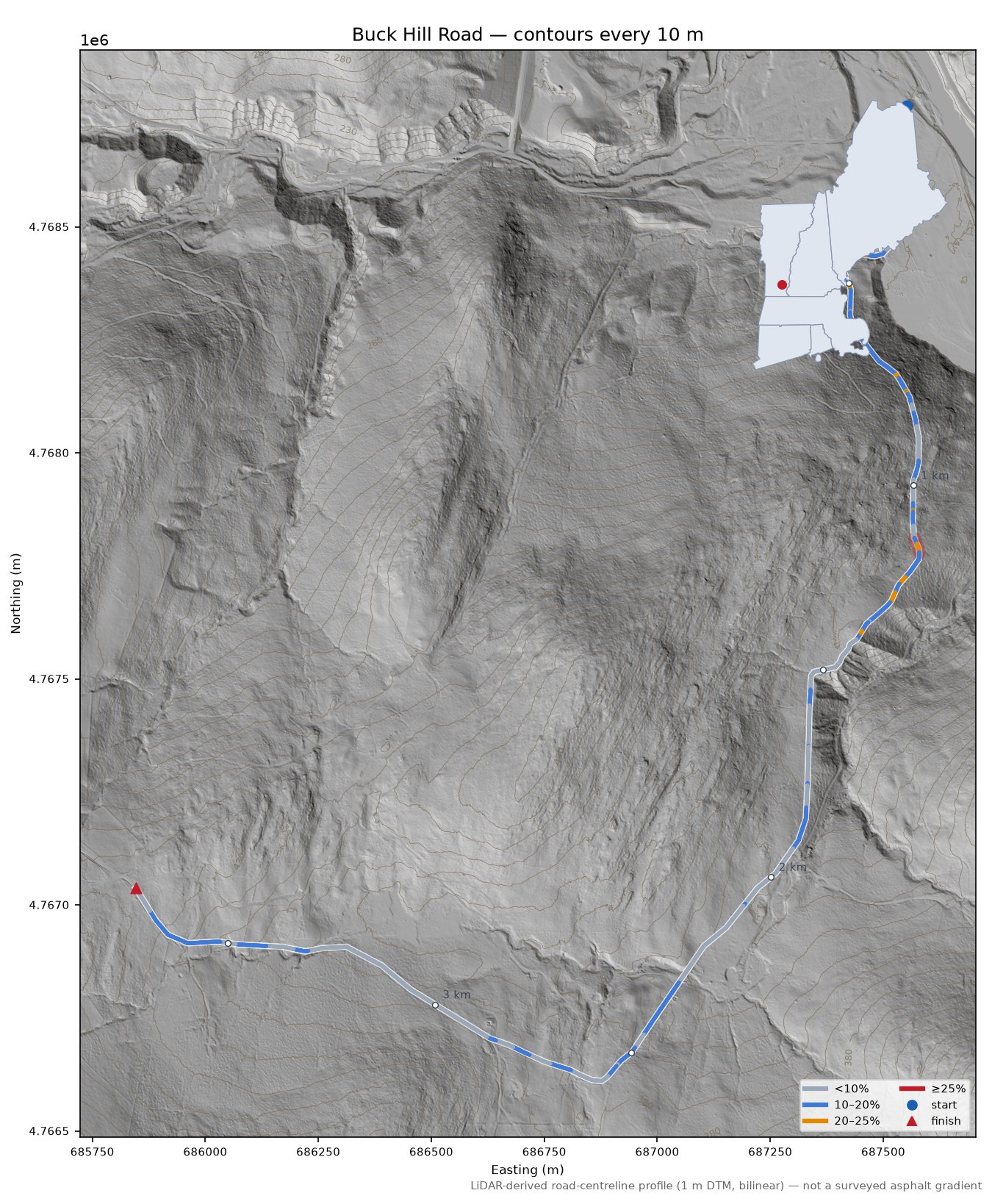 Buck Hill Road LiDAR hillshade map with contours