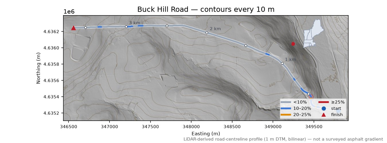 Buck Hill Road LiDAR hillshade map with contours