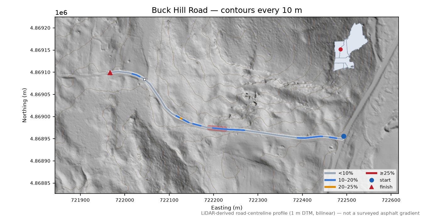 Buck Hill Road LiDAR hillshade map with contours
