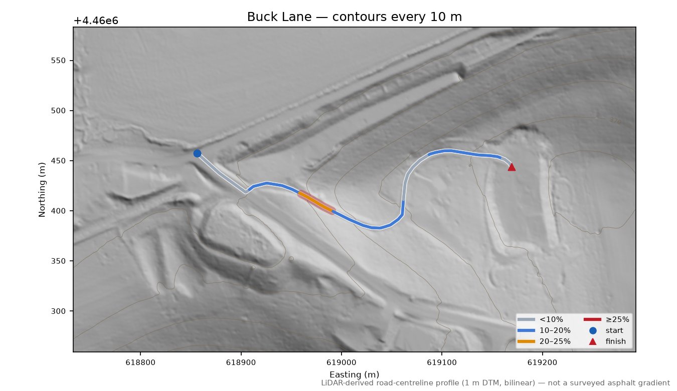 Buck Lane LiDAR hillshade map with contours
