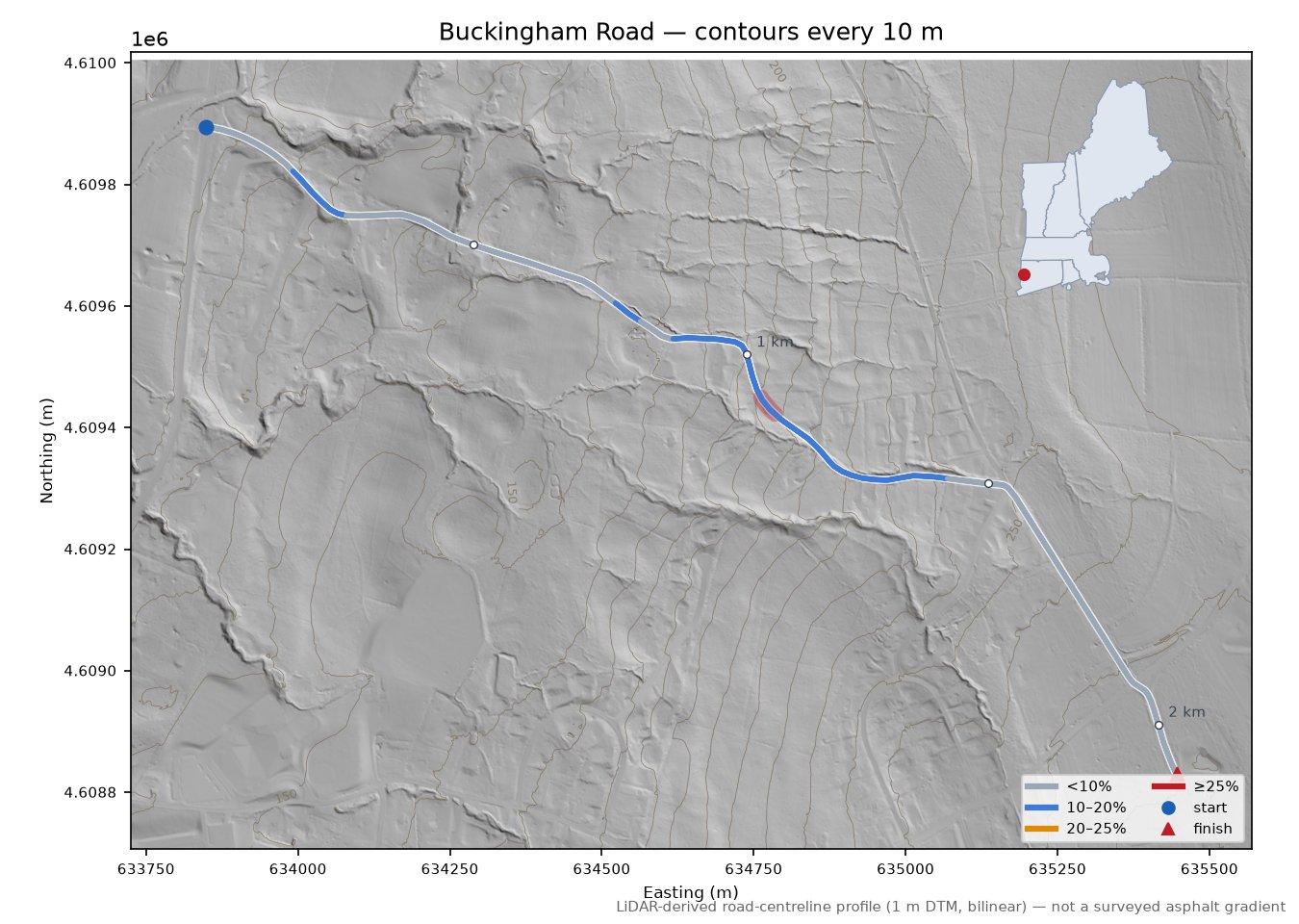 Buckingham Road LiDAR hillshade map with contours