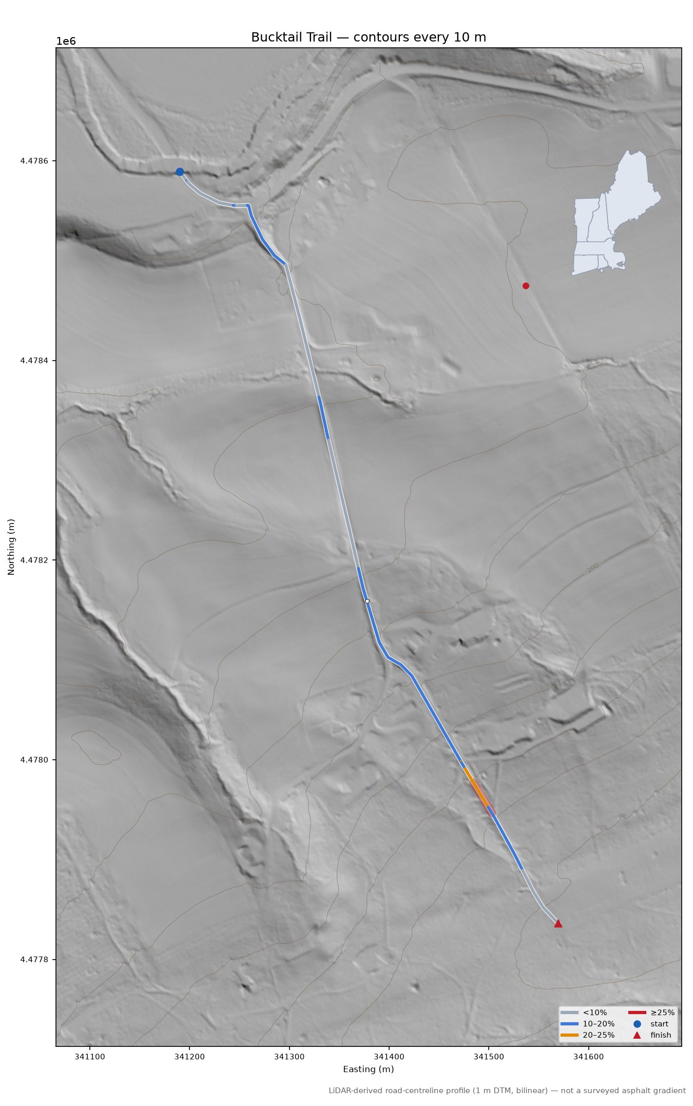 Bucktail Trail LiDAR hillshade map with contours