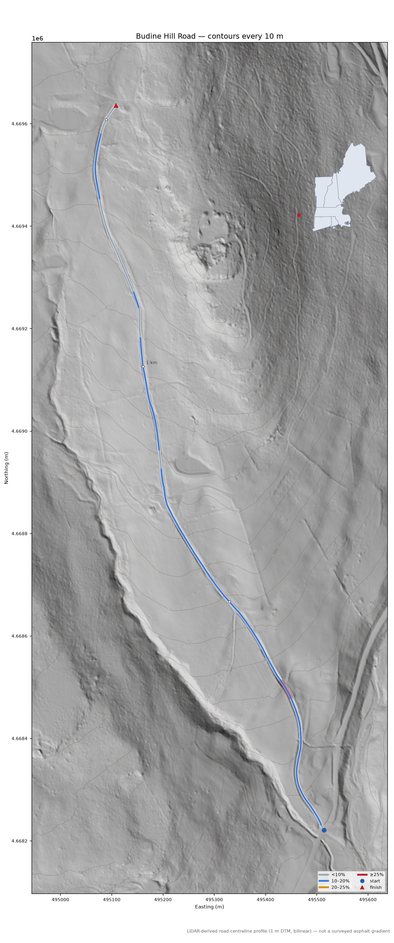 Budine Hill Road LiDAR hillshade map with contours
