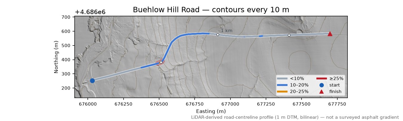 Buehlow Hill Road LiDAR hillshade map with contours