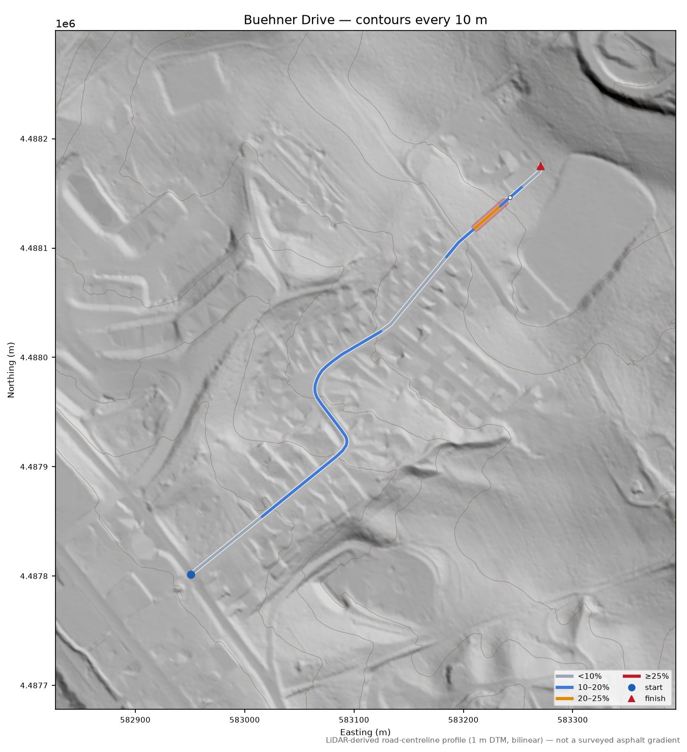 Buehner Drive LiDAR hillshade map with contours