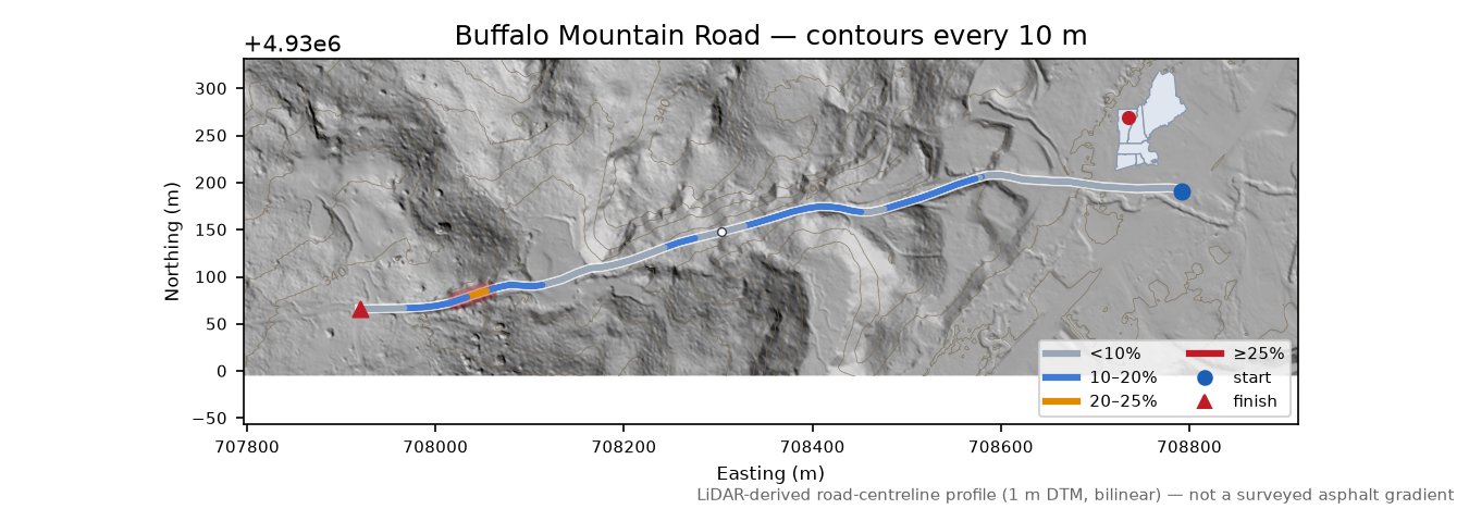 Buffalo Mountain Road LiDAR hillshade map with contours