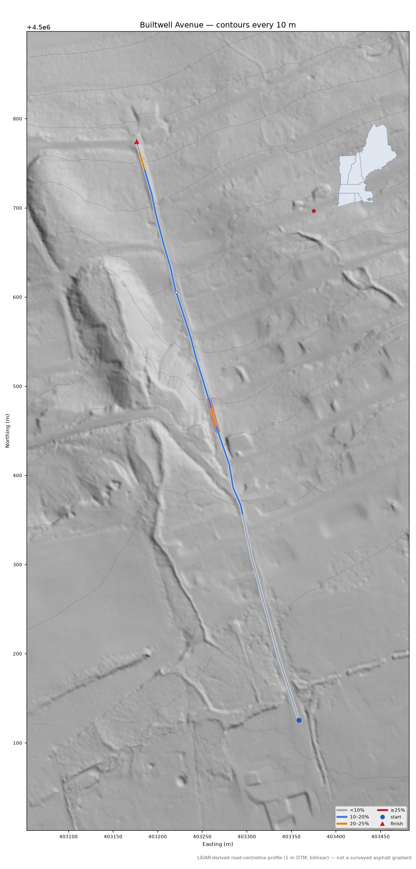 Builtwell Avenue LiDAR hillshade map with contours
